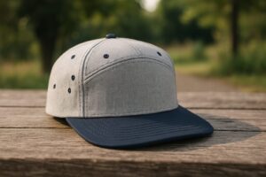 grey and navy blue 7 panel cap