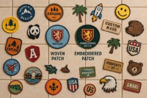 collage of various colorful woven and embroidered patches