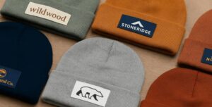 many beanies laid out on table