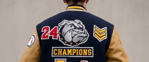 backside with patches on letterman jacket