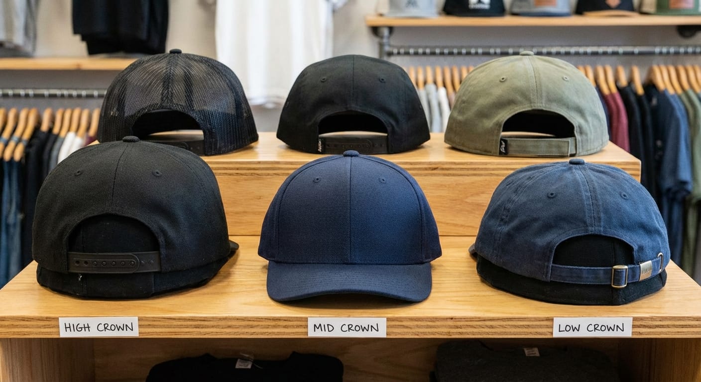 Different baseball cap styles including fitted caps snapbacks dad hats and trucker hats arranged to show variety